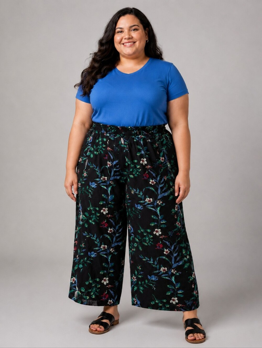 Penningtons Plus Size 2x: Black Wide-Leg Floral Print Pull On Pants
